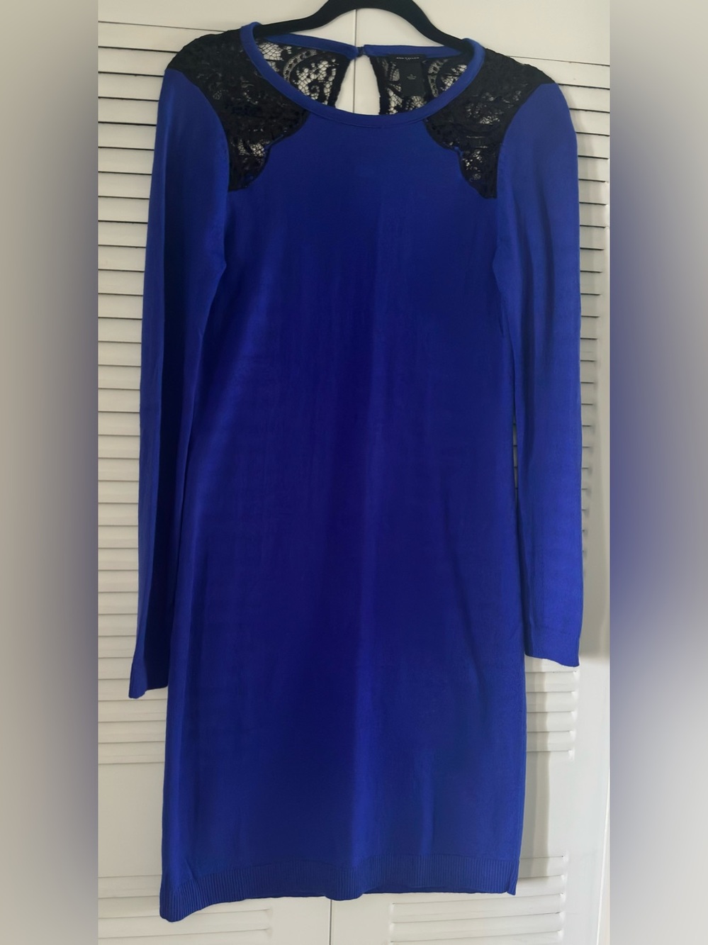 Ann Taylor Cobalt Blue Long-Sleeve Shift Dress with Black Lace Accents